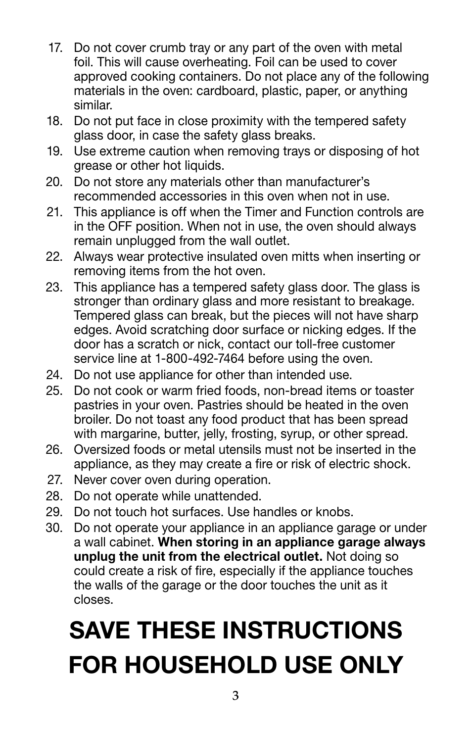 Save these instructions for household use only | Waring Pro WTO450 User Manual | Page 3 / 12