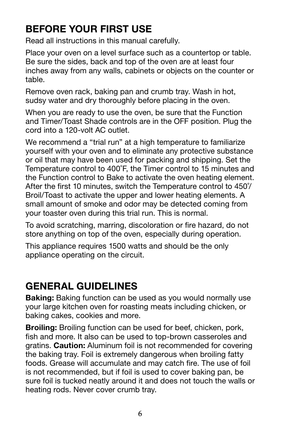 Before your first use, General guidelines | Waring Pro WTO450 User Manual | Page 6 / 12