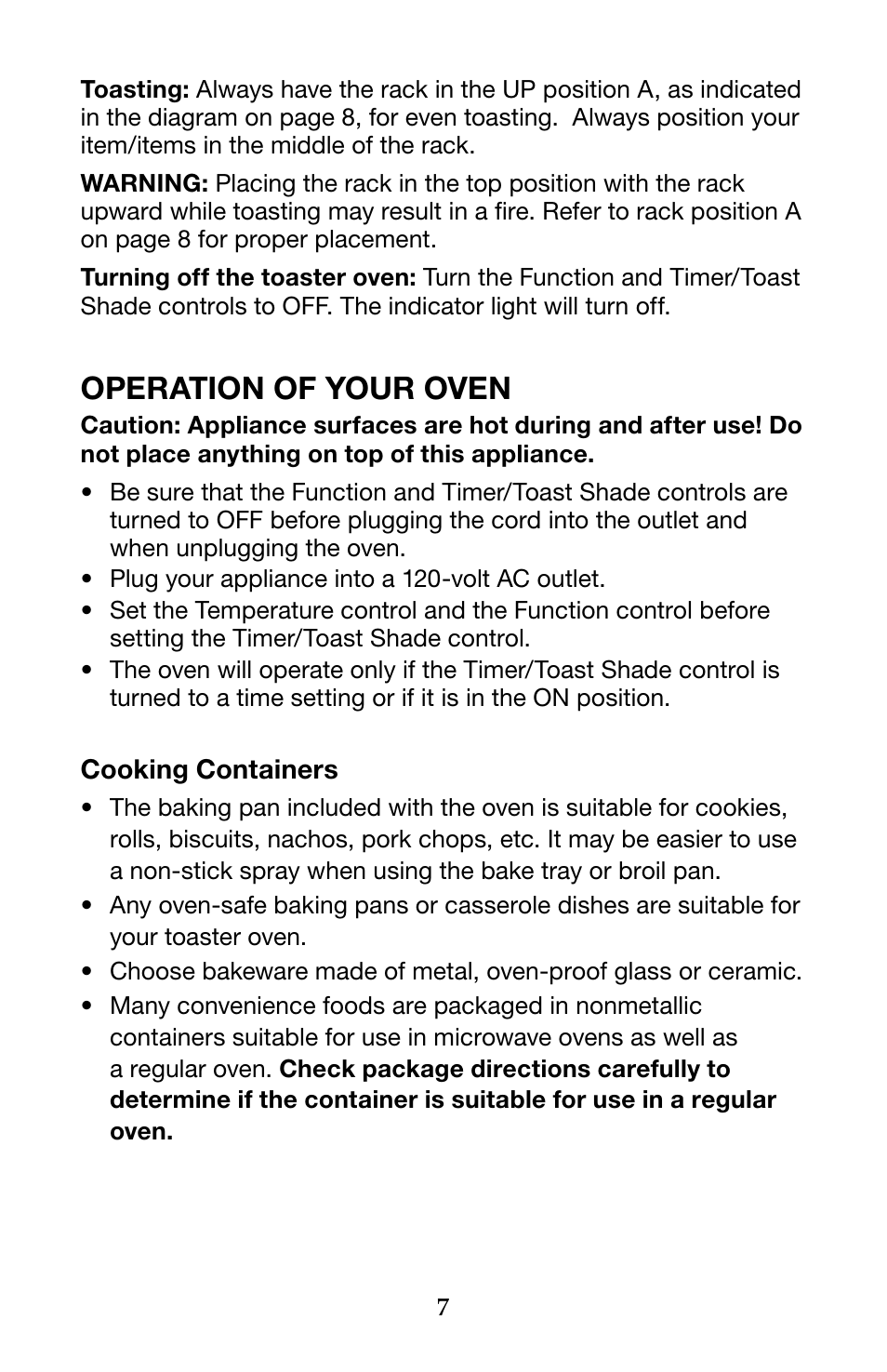 Operation of your oven | Waring Pro WTO450 User Manual | Page 7 / 12