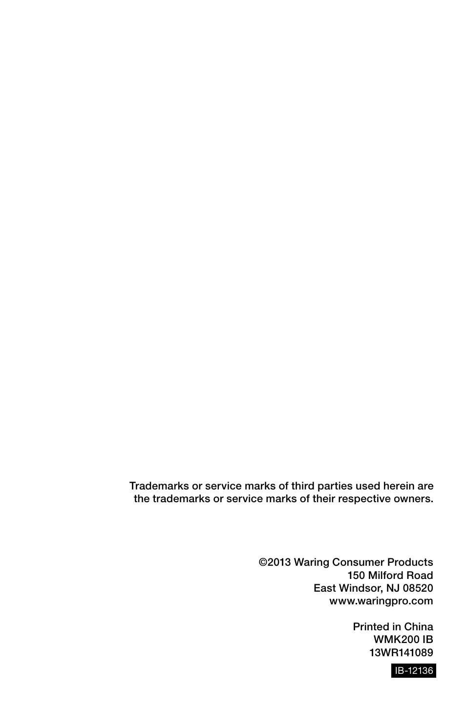 Waring Pro WMK200 User Manual | Page 16 / 16