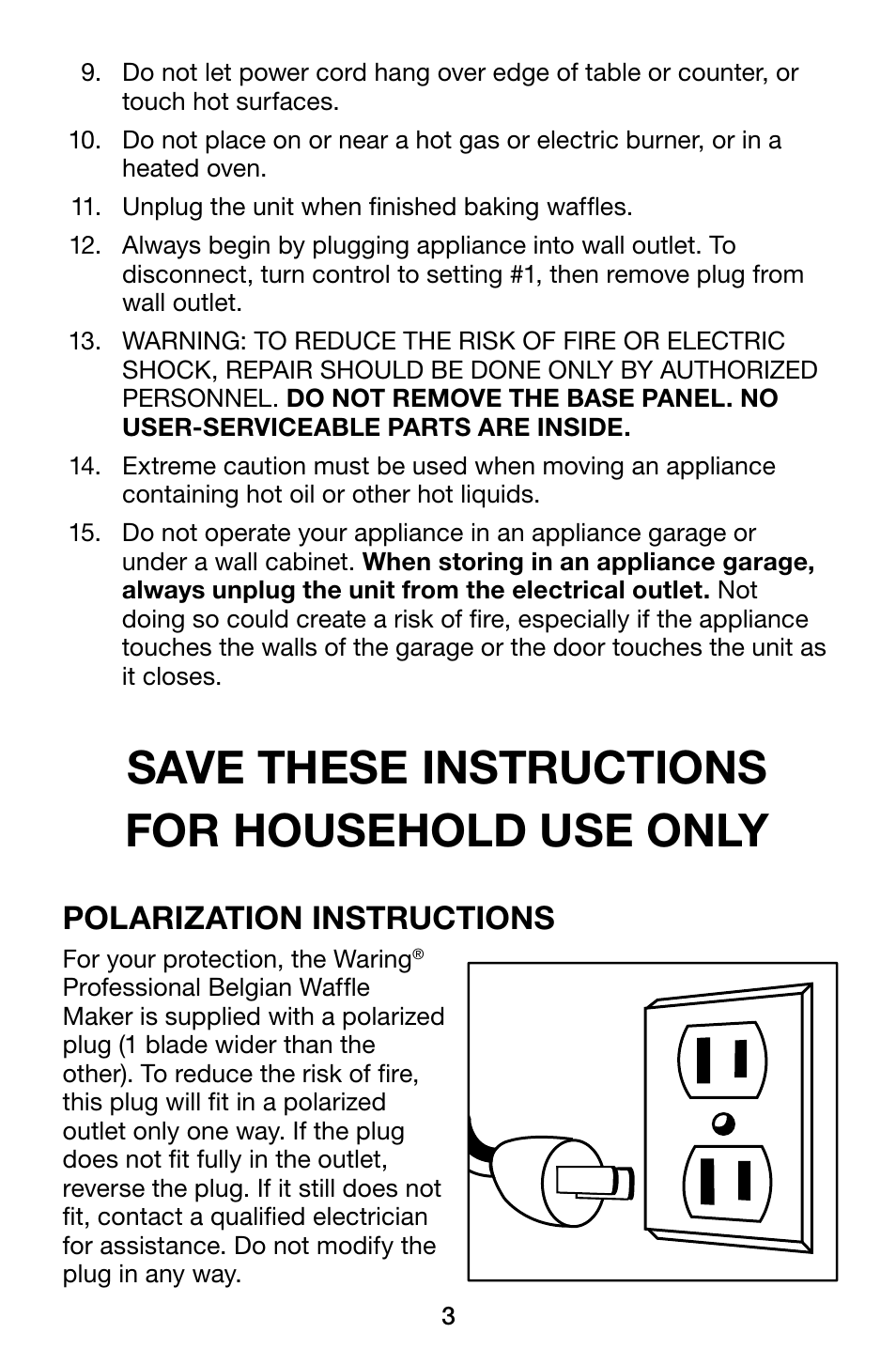Save these instructions for household use only, Polarization instructions | Waring Pro WMK200 User Manual | Page 3 / 16