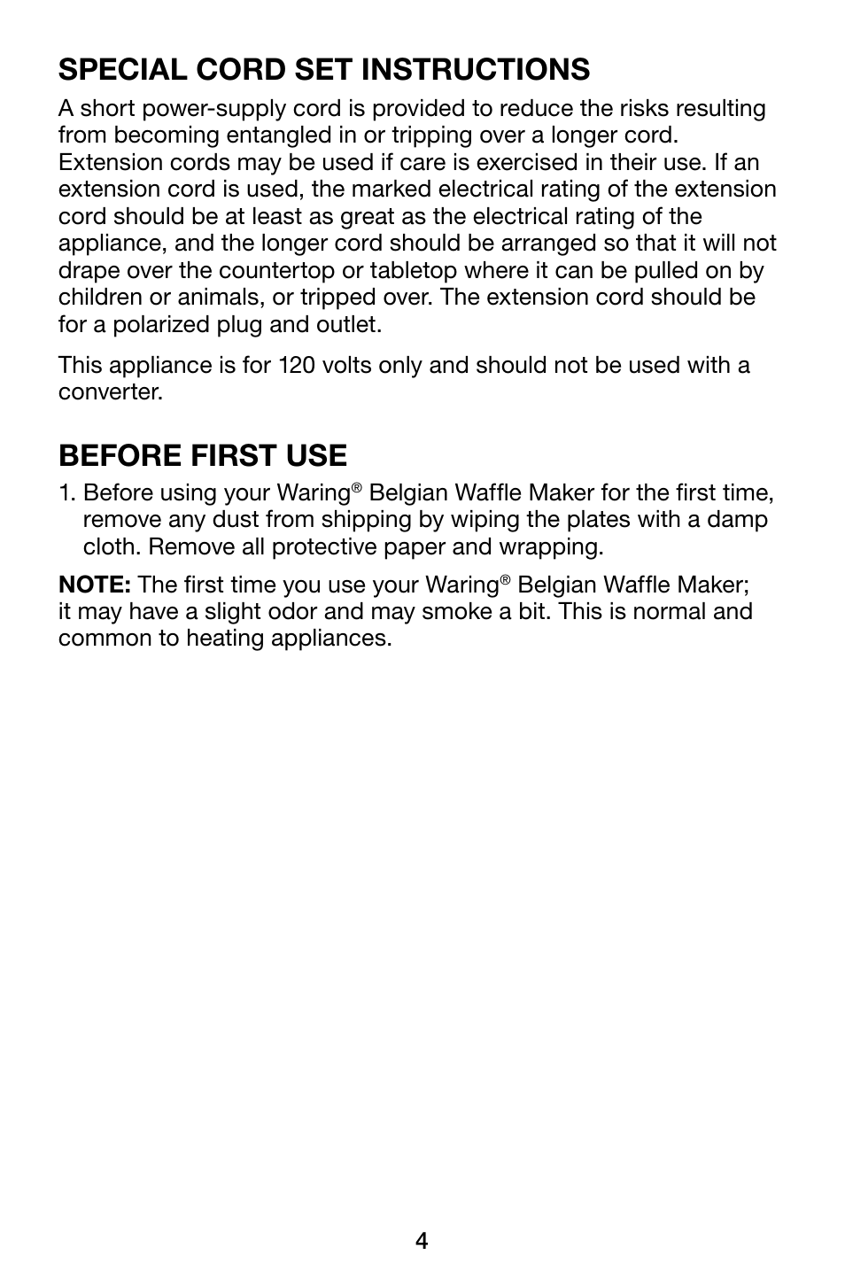 Special cord set instructions, Before first use | Waring Pro WMK200 User Manual | Page 4 / 16