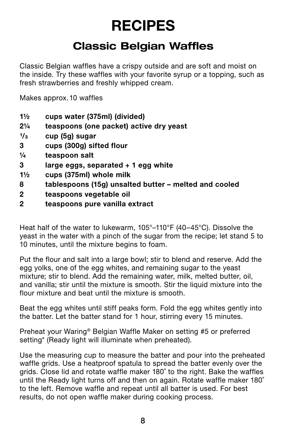 Recipes, Classic belgian waffles | Waring Pro WMK200 User Manual | Page 8 / 16