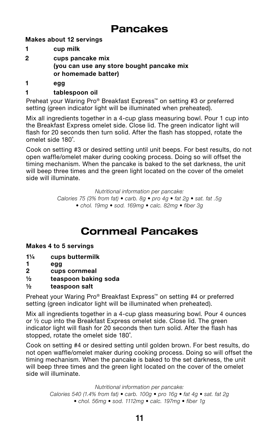 Pancakes, Cornmeal pancakes | Waring Pro WMR300 User Manual | Page 11 / 20