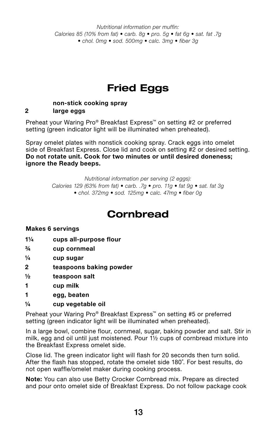 Fried eggs, Cornbread | Waring Pro WMR300 User Manual | Page 13 / 20