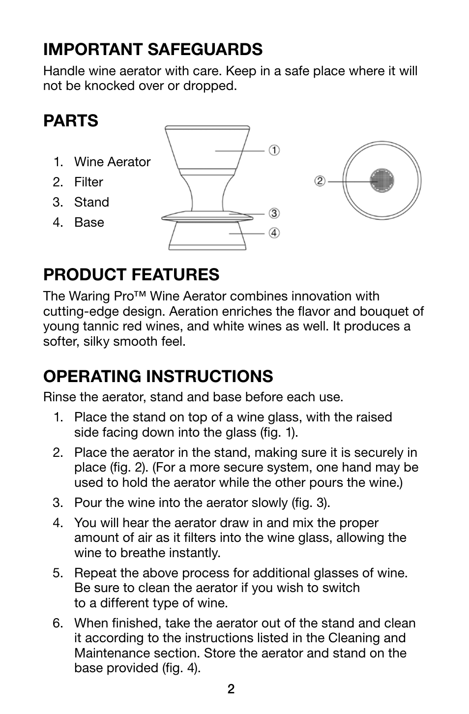 Important safeguards, Parts, Product features | Operating instructions | Waring Pro WA100 User Manual | Page 2 / 4