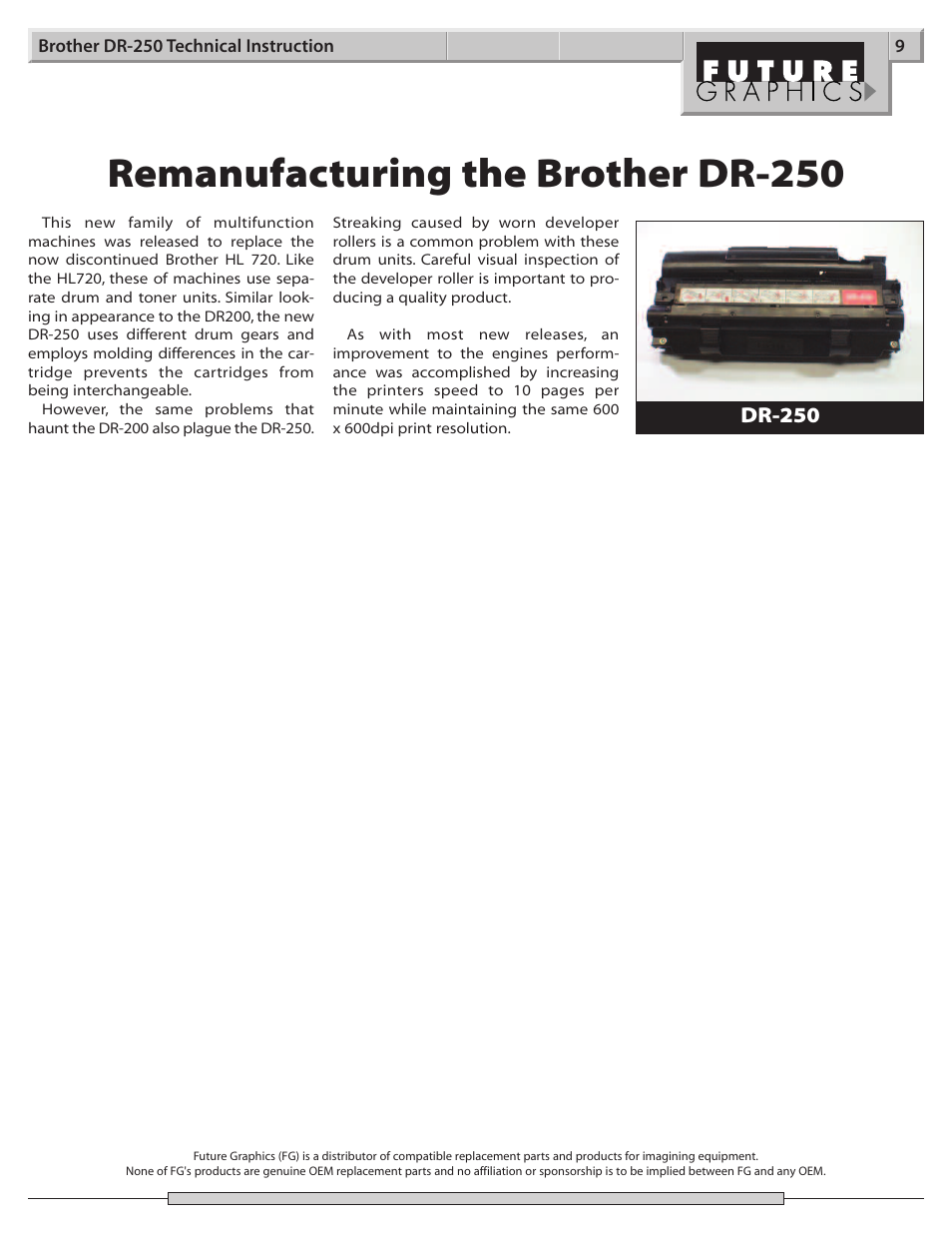 Remanufacturing the brother dr-250, Dr-250 | Brother DR-250 User Manual | Page 9 / 9