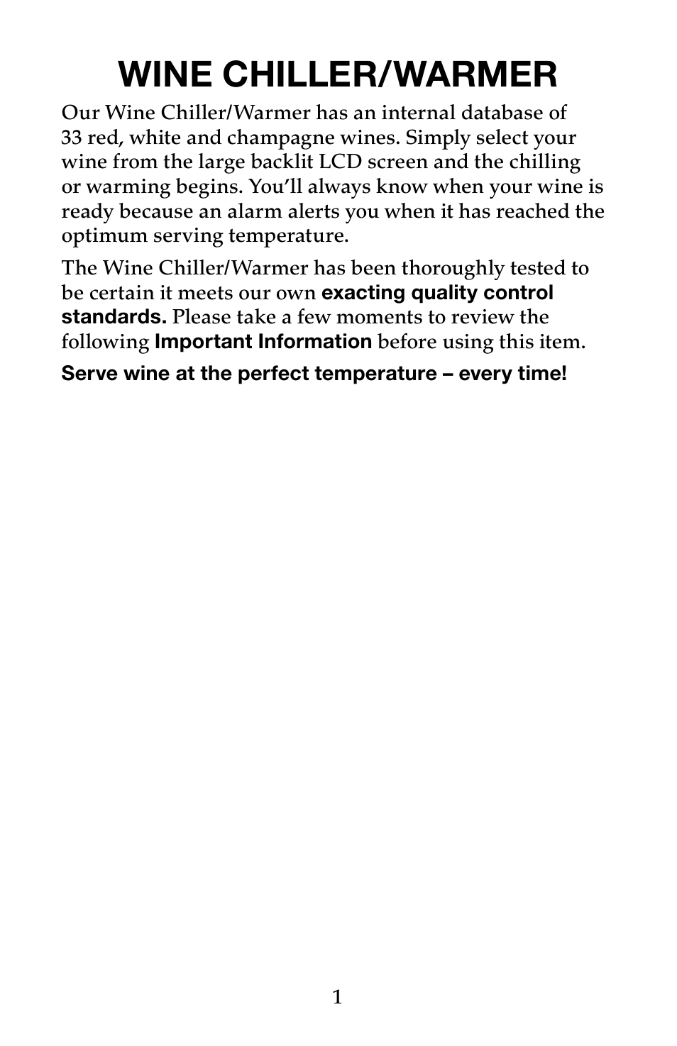 Wine chiller/warmer | Waring Pro PC100 User Manual | Page 2 / 8