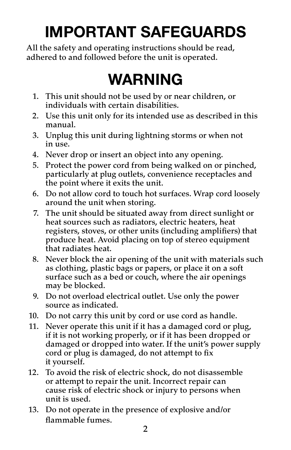 Important safeguards, Warning | Waring Pro PC100 User Manual | Page 3 / 8