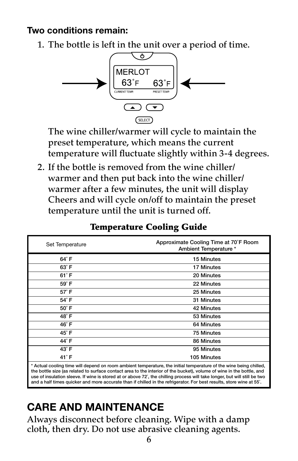 Care and maintenance, Temperature cooling guide | Waring Pro PC100 User Manual | Page 7 / 8