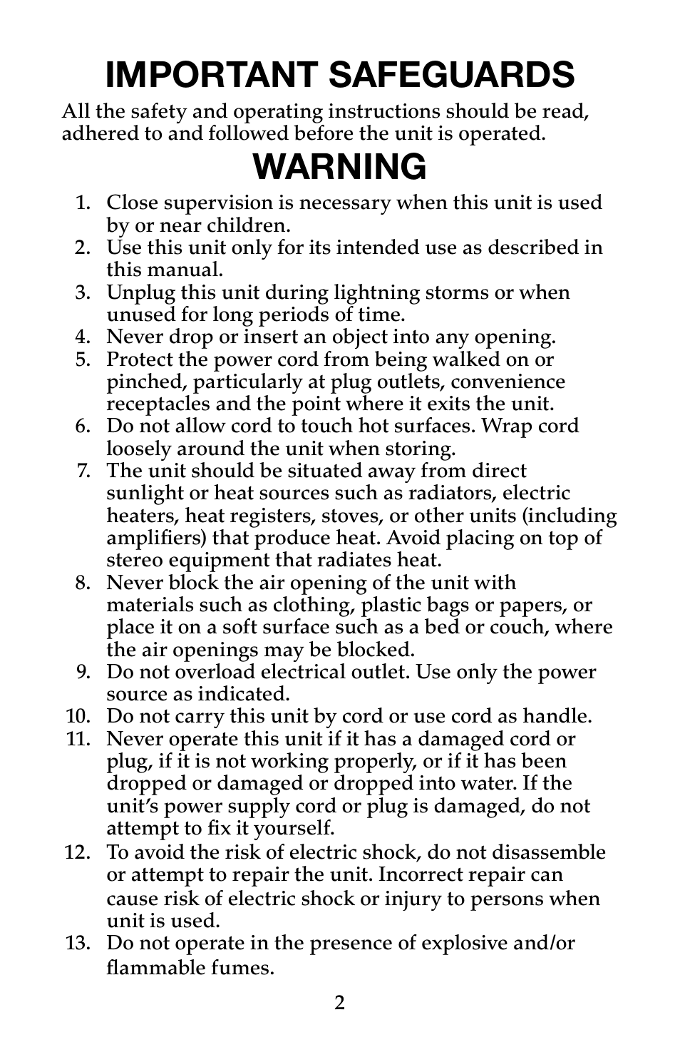 Important safeguards, Warning | Waring Pro PC200 User Manual | Page 3 / 8