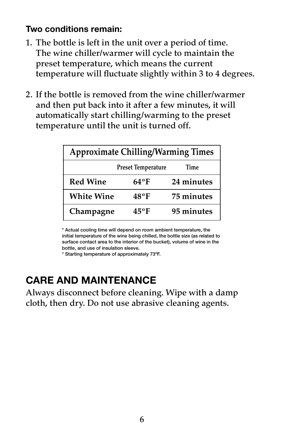 Care and maintenance, Approximate chilling/warming times | Waring Pro PC200 User Manual | Page 7 / 8