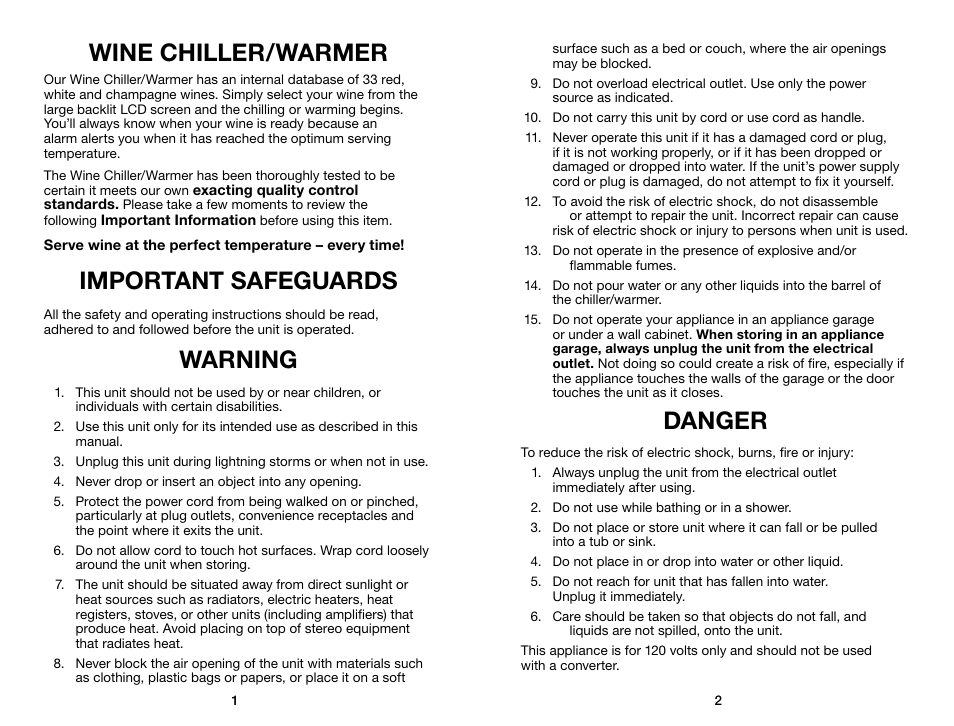 Wine chiller/warmer, Important safeguards, Warning | Danger | Waring Pro RPC175WS User Manual | Page 2 / 5