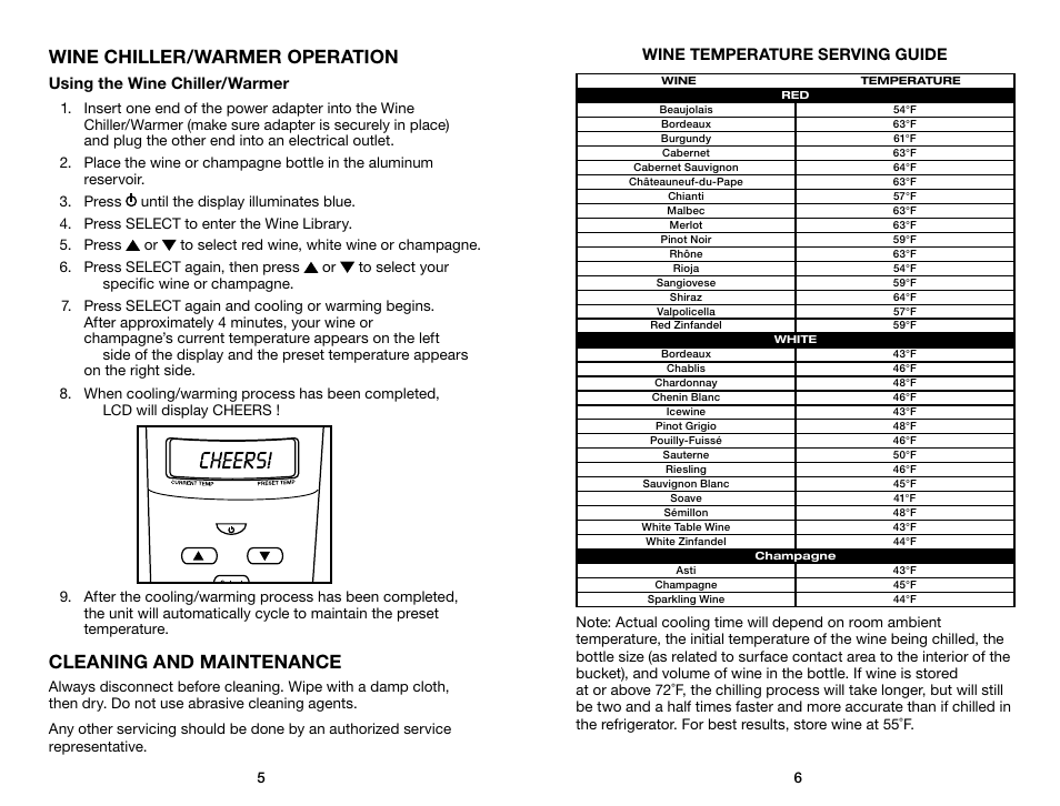 Wine chiller/warmer operation, Cleaning and maintenance, Using the wine chiller/warmer | Wine temperature serving guide | Waring Pro RPC175WS User Manual | Page 4 / 5