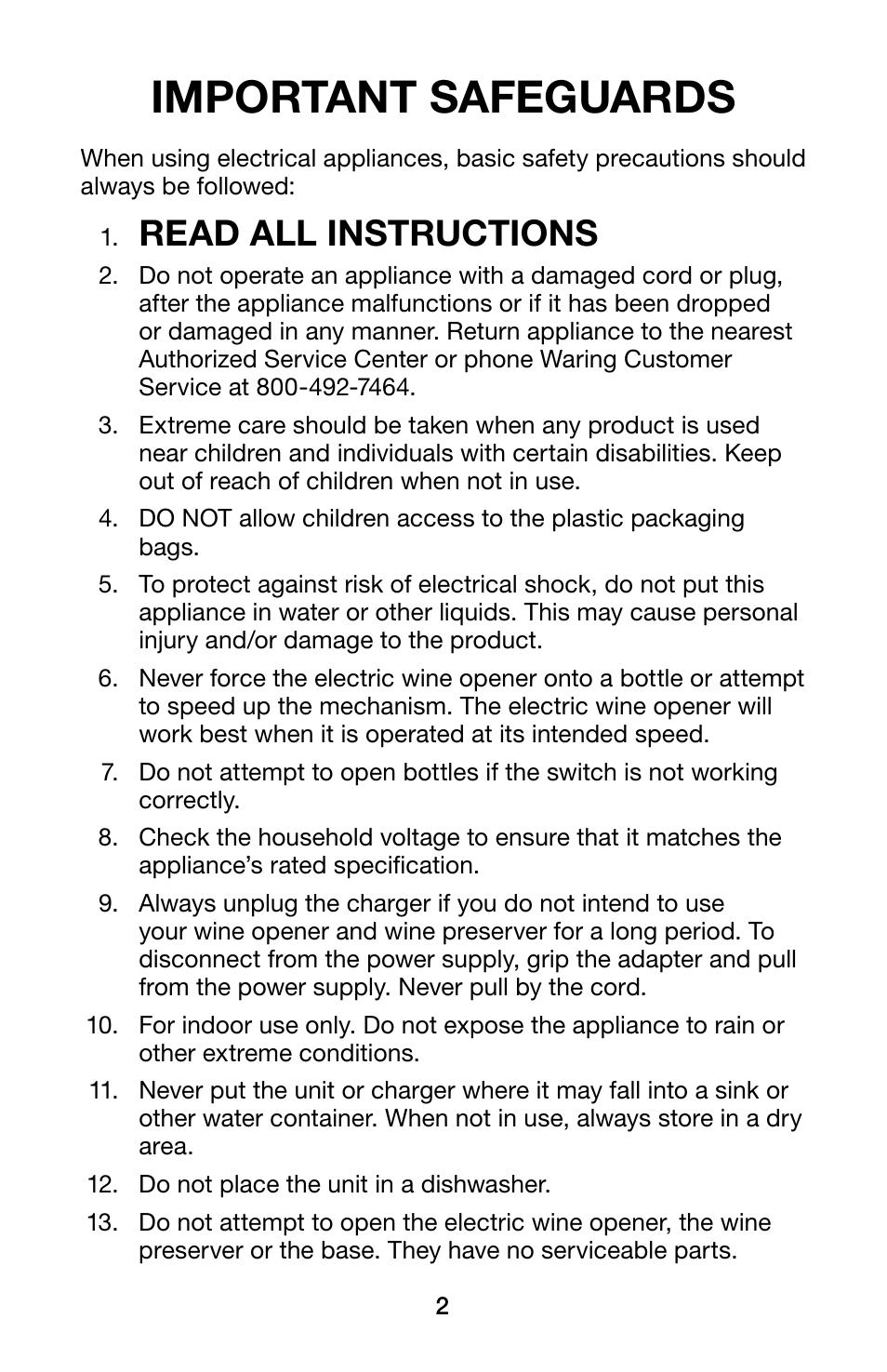 Important safeguards, Read all instructions | Waring Pro WC400 User Manual | Page 2 / 8