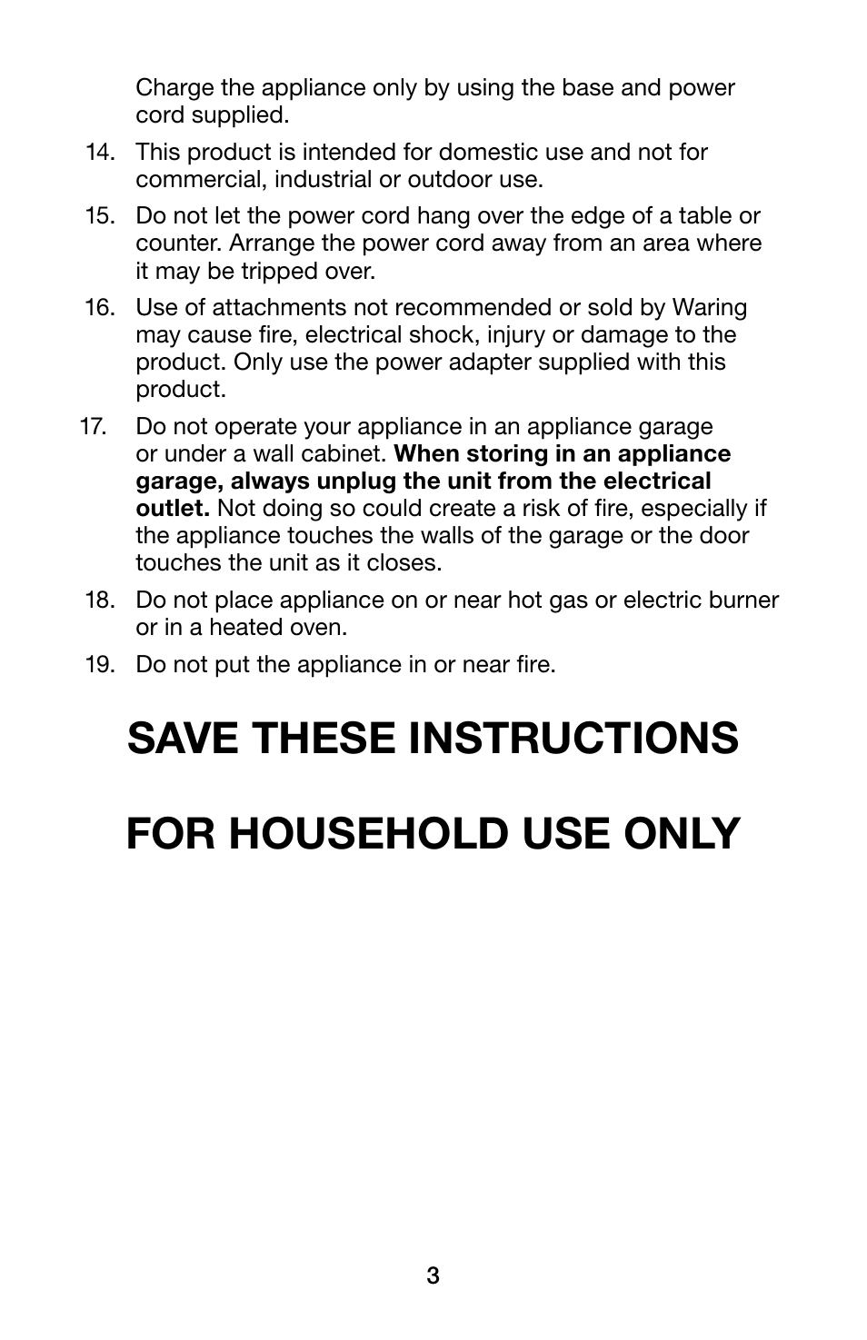 Save these instructions for household use only | Waring Pro WC400 User Manual | Page 3 / 8