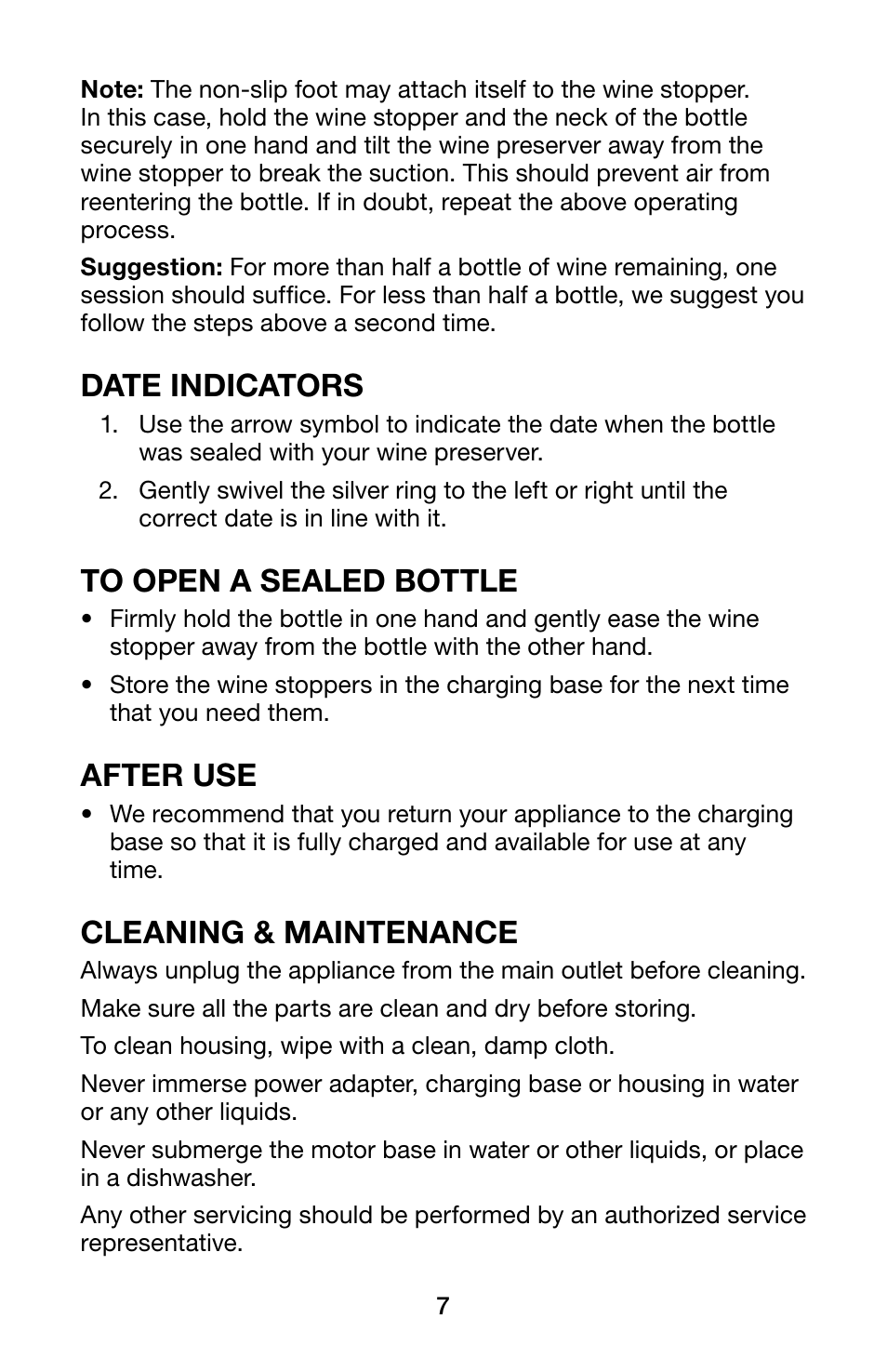 Date indicators, After use, Cleaning & maintenance | Waring Pro WC400 User Manual | Page 7 / 8