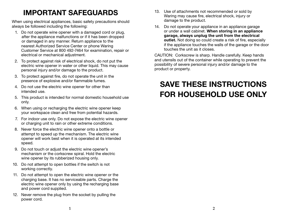 Save these instructions for household use only, Important safeguards | Waring Pro WO50B User Manual | Page 2 / 5