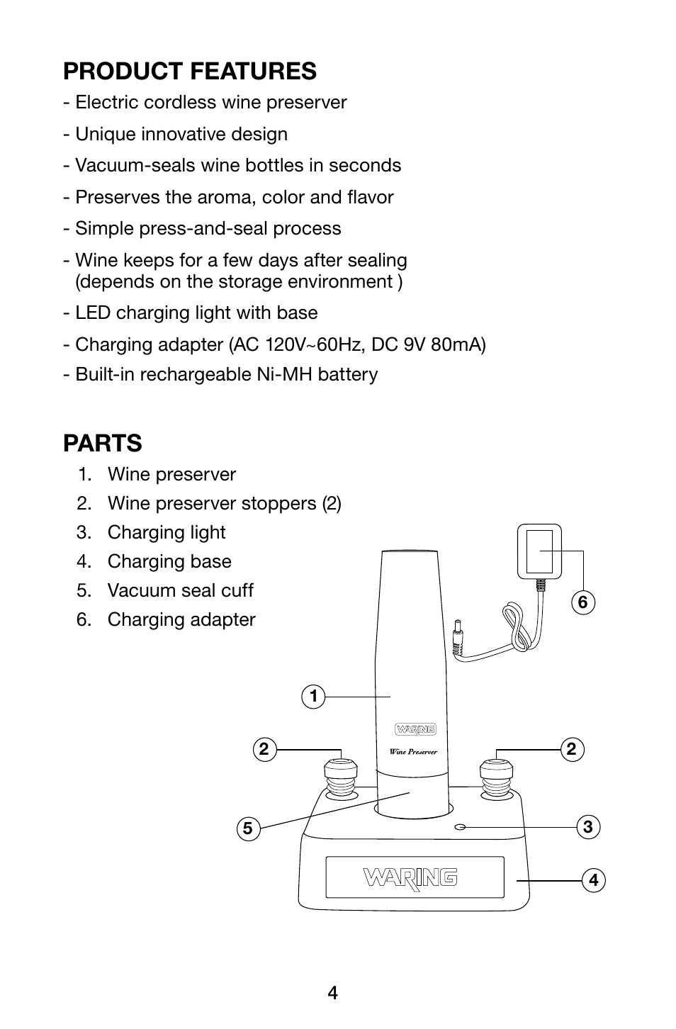 Product features, Parts | Waring Pro WP55 User Manual | Page 4 / 8
