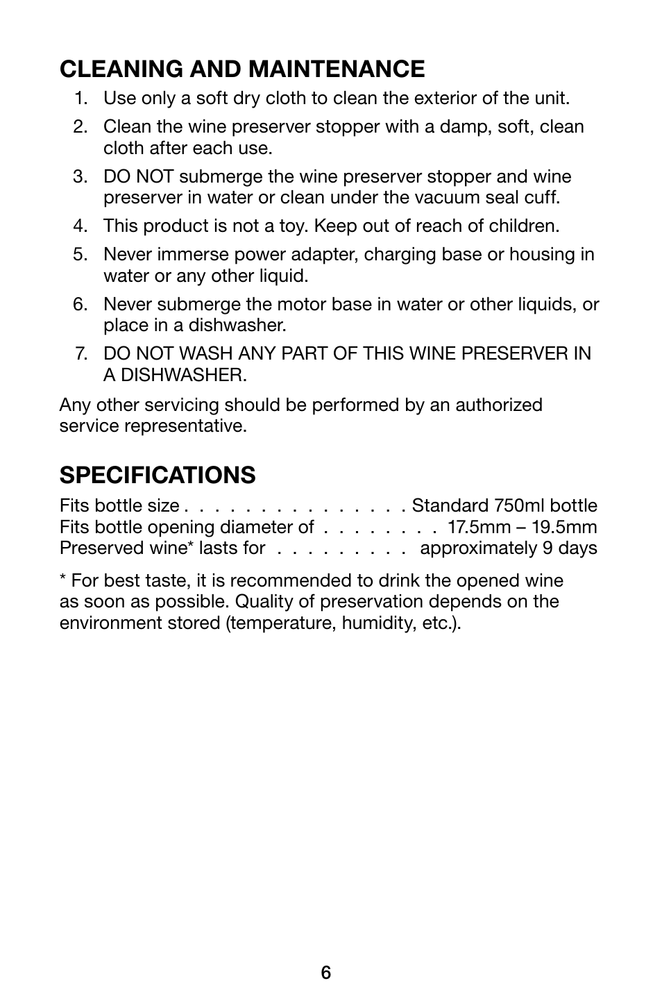 Cleaning and maintenance, Specifications | Waring Pro WP55 User Manual | Page 6 / 8