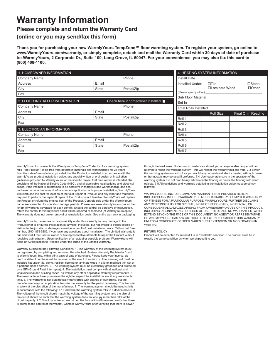 Tz custom fit manual_11, Warranty information | WarmlyYours TempZone Custom Mat User Manual | Page 11 / 11