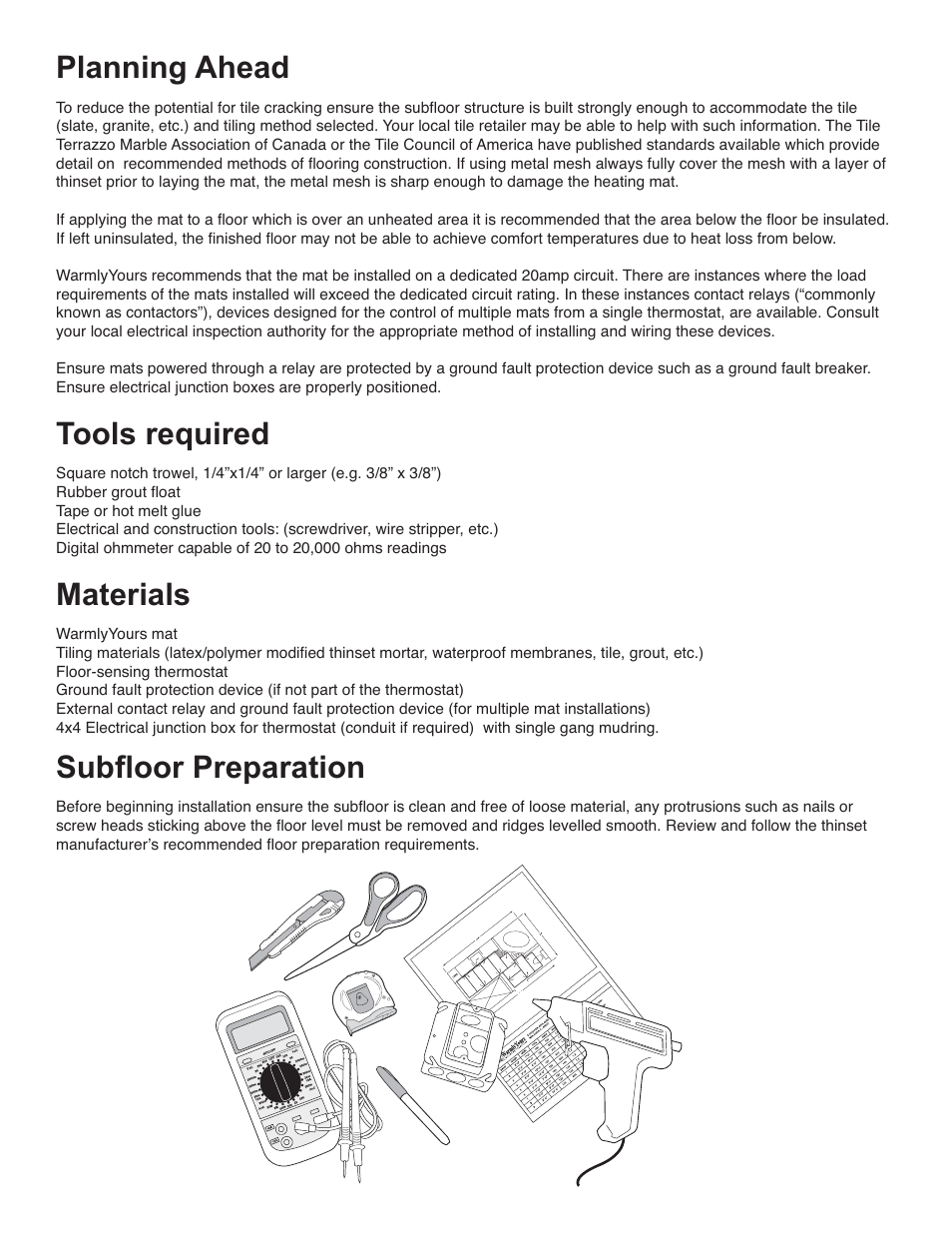 Tz custom fit manual_3, Planning ahead, Tools required | Materials, Subfl oor preparation | WarmlyYours TempZone Custom Mat User Manual | Page 3 / 11