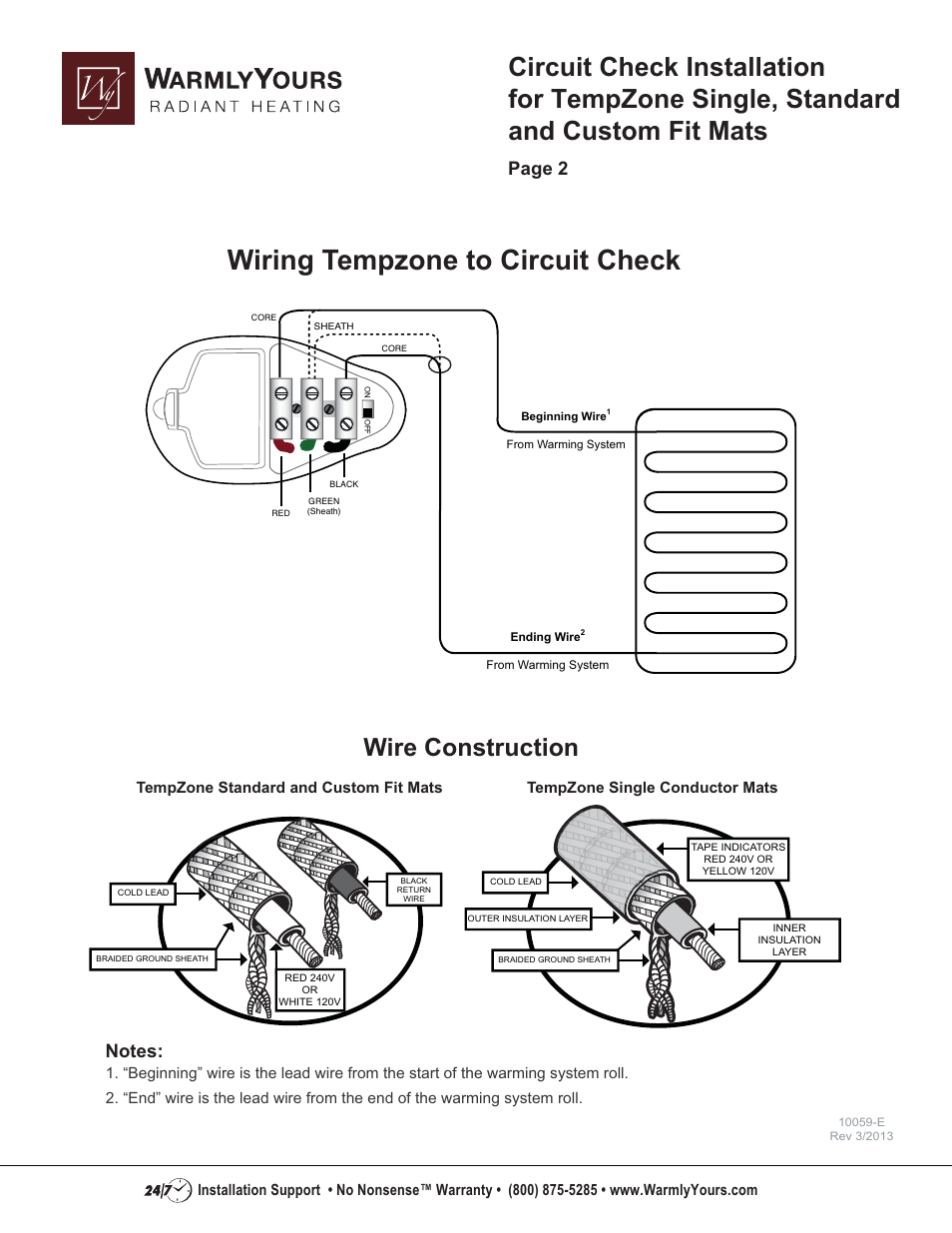 Wiring tempzone to circuit check, Wire construction, Page 2 | WarmlyYours TempZone Custom Fit Mat User Manual | Page 2 / 2