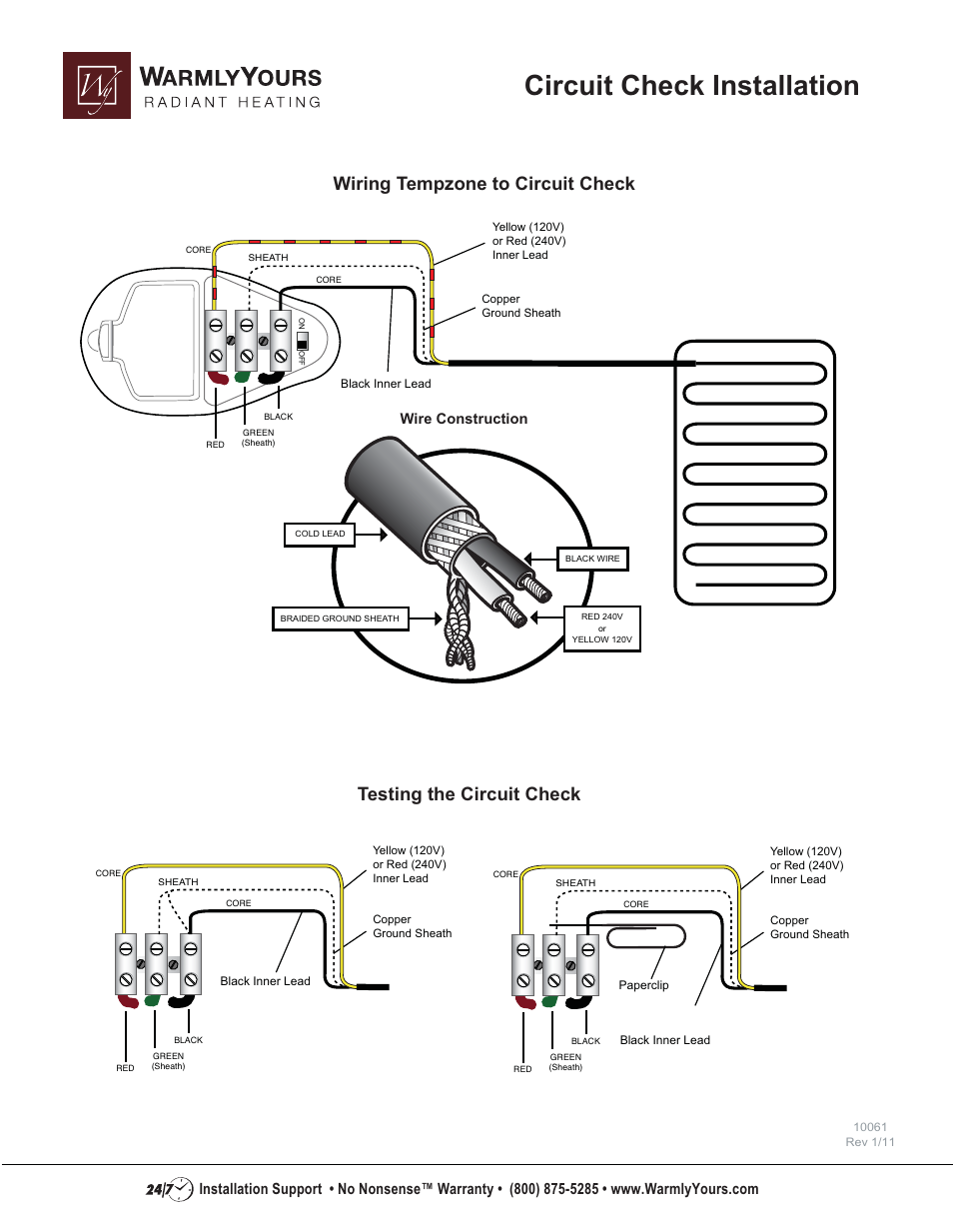 Circuit check installation, Wiring tempzone to circuit check, Testing the circuit check | Wire construction | WarmlyYours TempZone Twin Circuit Check User Manual | Page 2 / 2