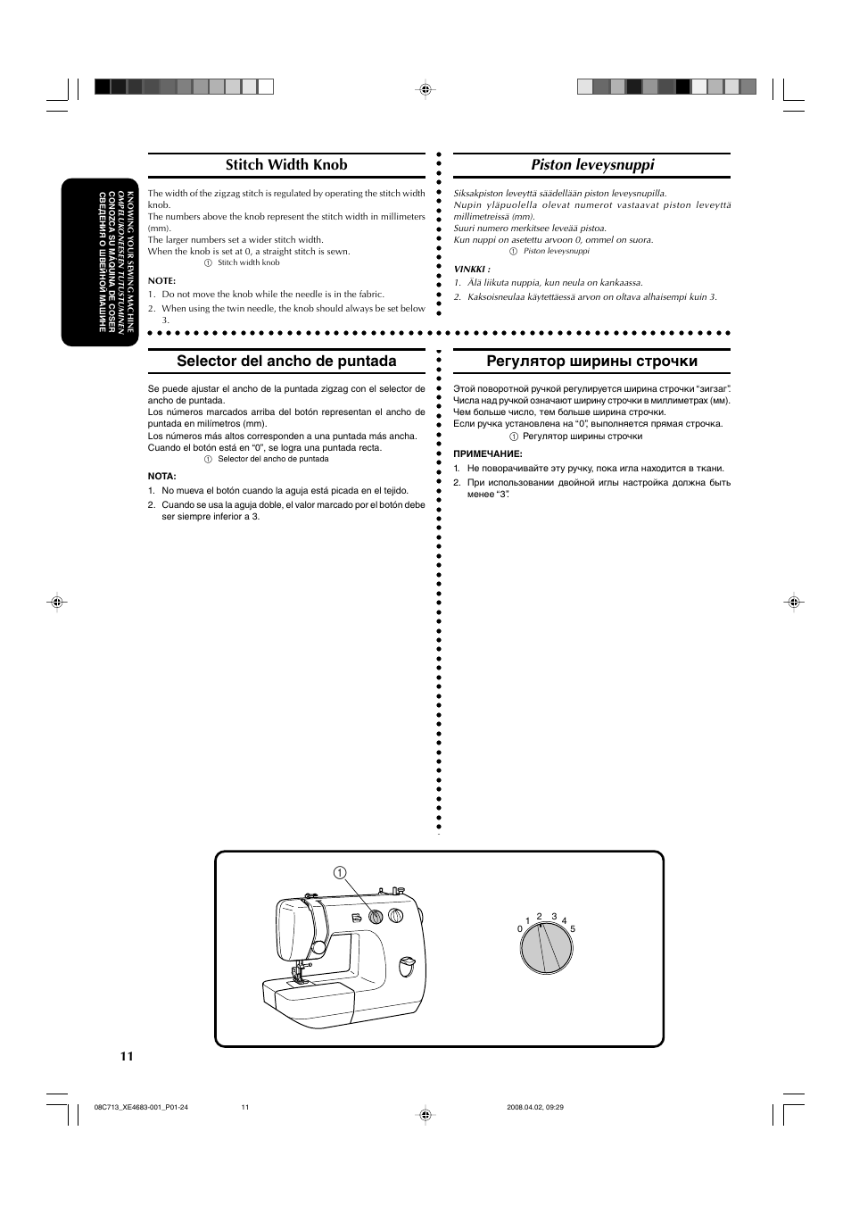 Stitch width knob, Piston leveysnuppi, Selector del ancho de puntada | Регулятор ширины строчки | Brother X-3 User Manual | Page 22 / 84