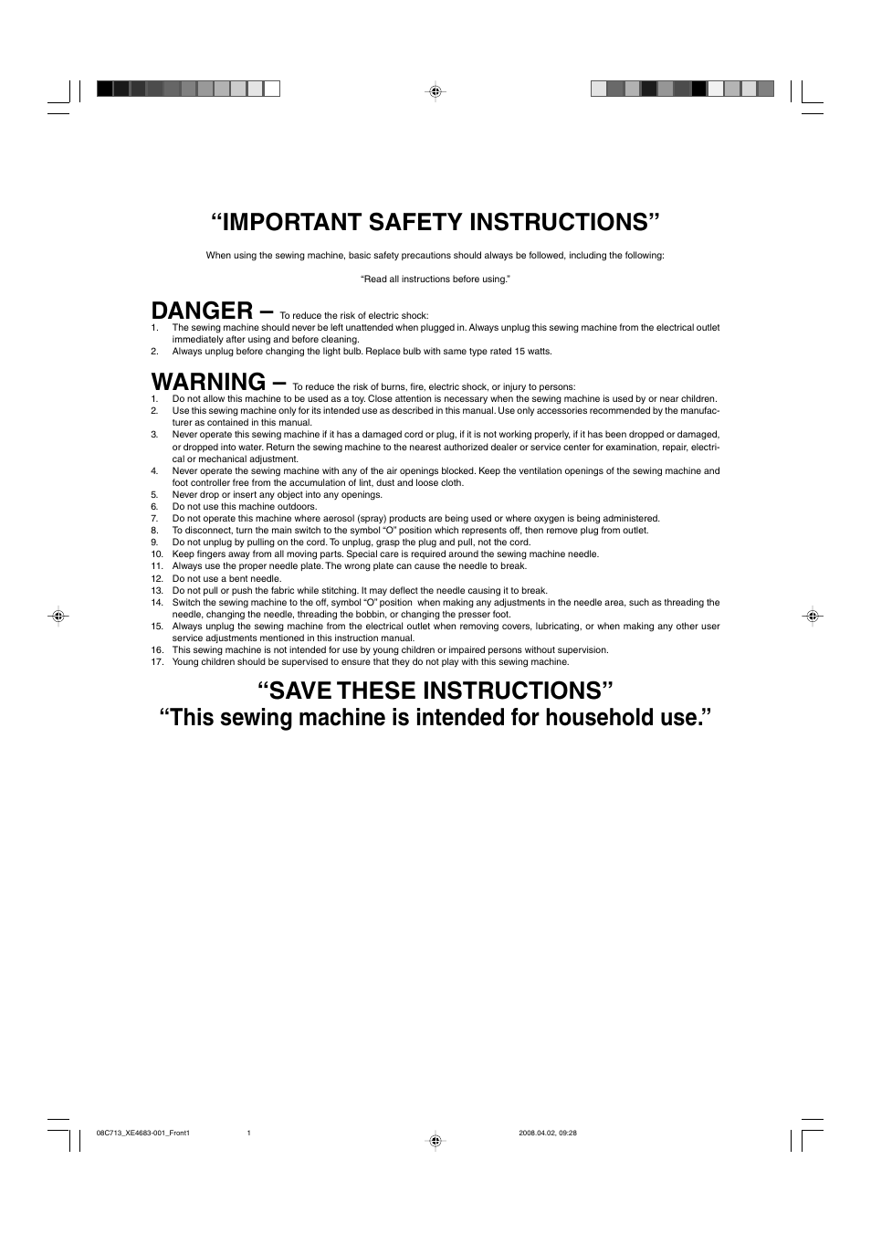 Important safety instructions, Danger, Warning | Brother X-3 User Manual | Page 3 / 84