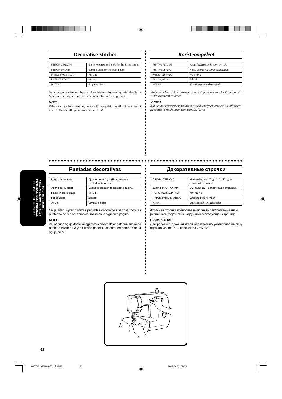 Decorative stitches, Koristeompeleet, Puntadas decorativas | Декоративные строчки | Brother X-3 User Manual | Page 44 / 84