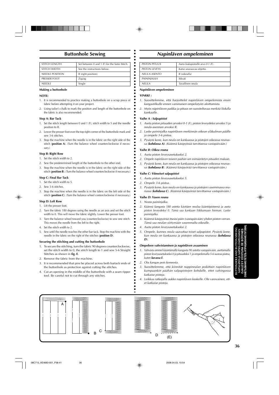 Buttonhole sewing, Napinläven ompeleminen | Brother X-3 User Manual | Page 47 / 84