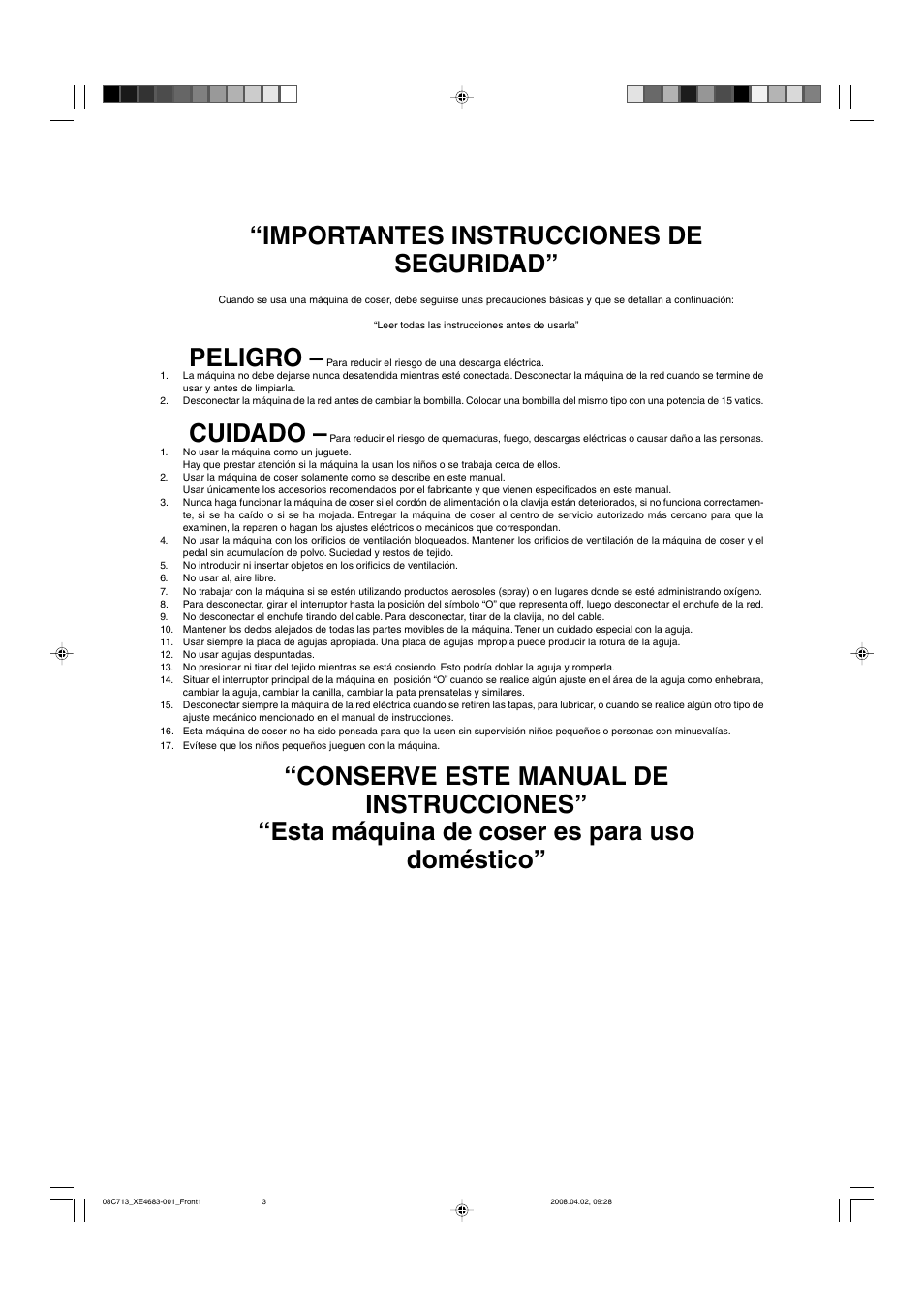 Importantes instrucciones de seguridad, Peligro, Cuidado | Brother X-3 User Manual | Page 5 / 84