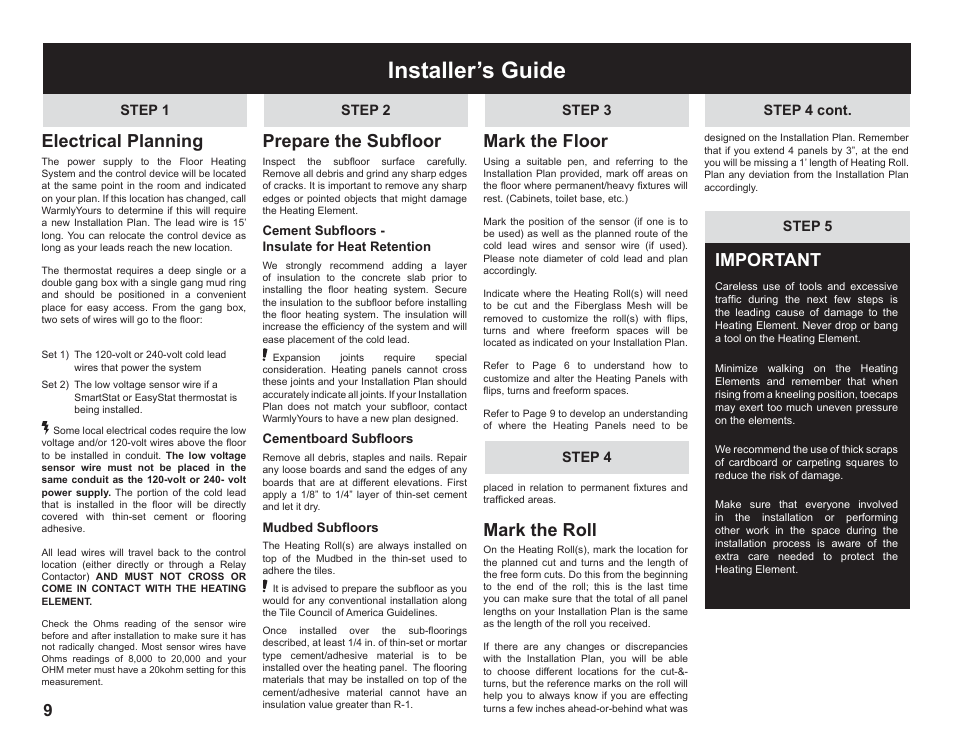 Installer’s guide, Electrical planning, Prepare the subfloor | Mark the floor, Mark the roll, Important | WarmlyYours TempZone FLEX (Twin) Conductor 120V or 240V User Manual | Page 10 / 19