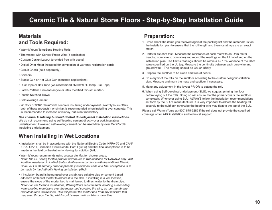 Materials and tools required, When installing in wet locations, Preparation | WarmlyYours TempZone FLEX (Twin) Conductor 120V or 240V User Manual | Page 11 / 19