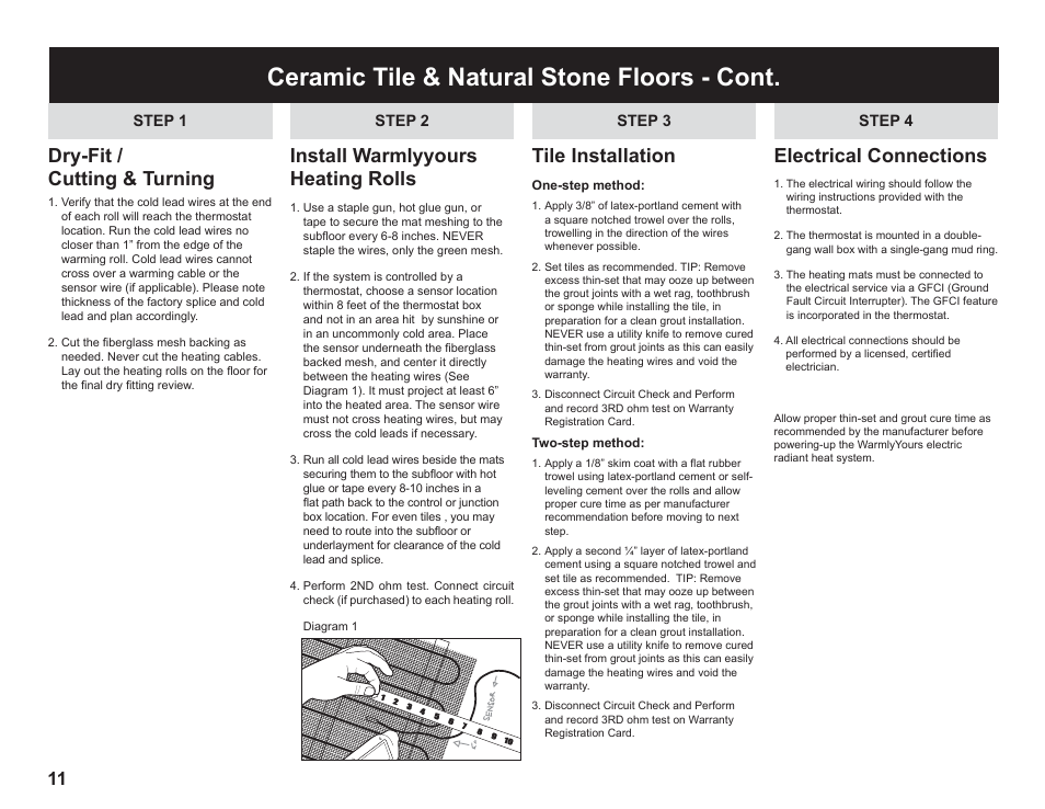 Ceramic tile & natural stone floors - cont, Dry-fit / cutting & turning, Install warmlyyours heating rolls | Tile installation, Electrical connections | WarmlyYours TempZone FLEX (Twin) Conductor 120V or 240V User Manual | Page 12 / 19