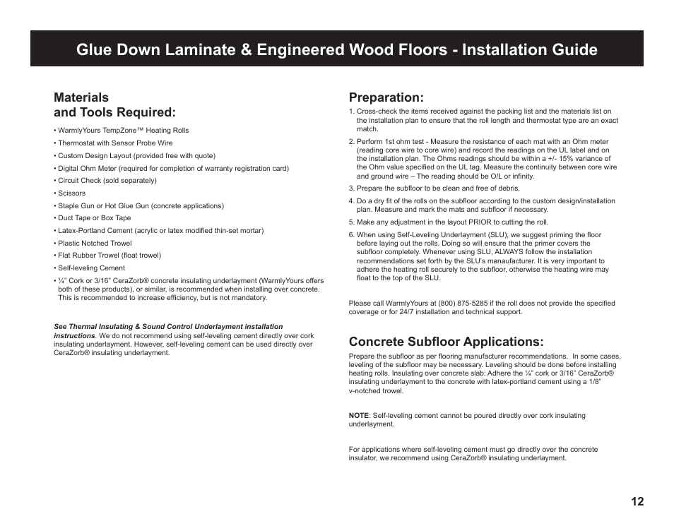 Materials and tools required, Preparation, Concrete subfloor applications | WarmlyYours TempZone FLEX (Twin) Conductor 120V or 240V User Manual | Page 13 / 19