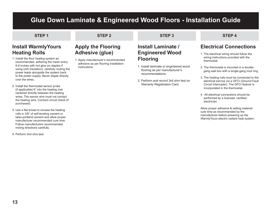 Install warmlyyours heating rolls, Apply the flooring adhesive (glue), Install laminate / engineered wood flooring | Electrical connections | WarmlyYours TempZone FLEX (Twin) Conductor 120V or 240V User Manual | Page 14 / 19
