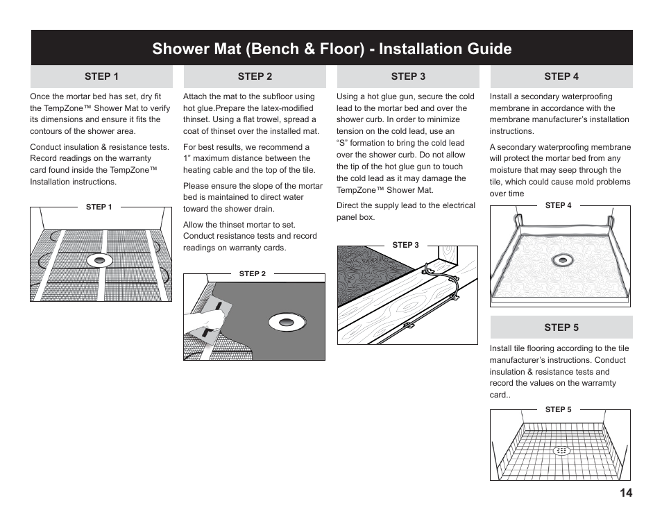 Shower mat (bench & floor) - installation guide | WarmlyYours TempZone FLEX (Twin) Conductor 120V or 240V User Manual | Page 15 / 19