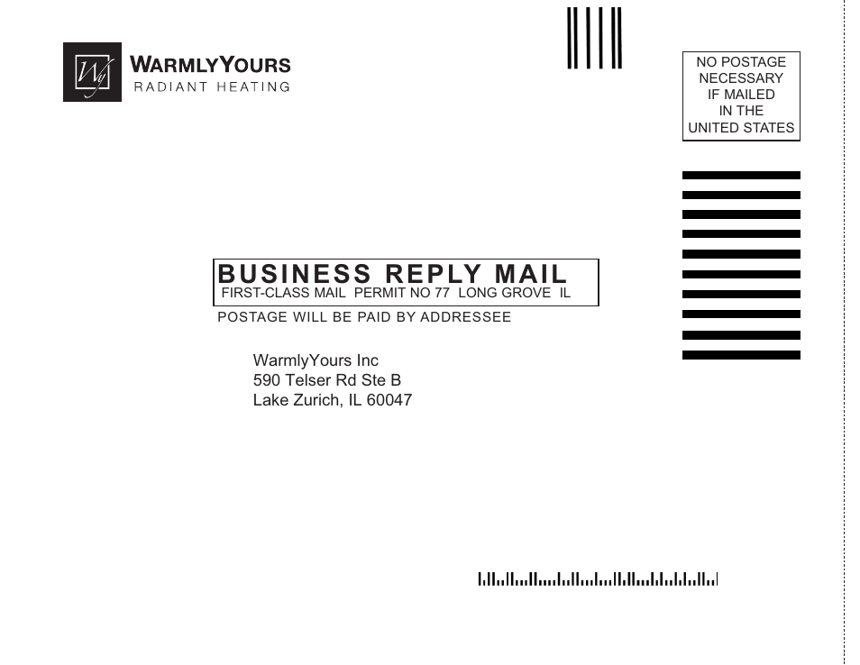 Business reply mail | WarmlyYours TempZone FLEX (Twin) Conductor 120V or 240V User Manual | Page 19 / 19