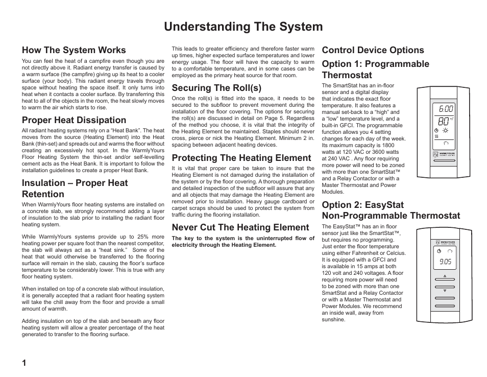 Understanding the system, How the system works, Proper heat dissipation | Insulation – proper heat retention, Securing the roll(s), Protecting the heating element, Never cut the heating element, Option 2: easystat non-programmable thermostat | WarmlyYours TempZone FLEX (Twin) Conductor 120V or 240V User Manual | Page 2 / 19