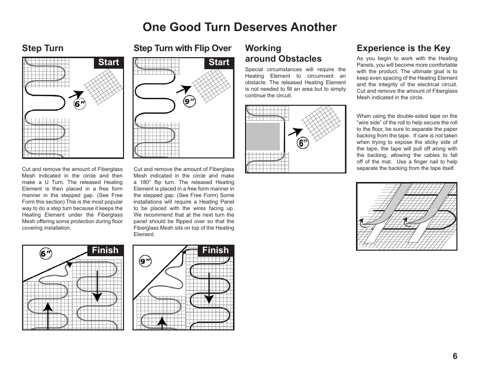 One good turn deserves another, Step turn, Step turn with flip over | Working around obstacles, Experience is the key, Start finish finish start | WarmlyYours TempZone FLEX (Twin) Conductor 120V or 240V User Manual | Page 7 / 19