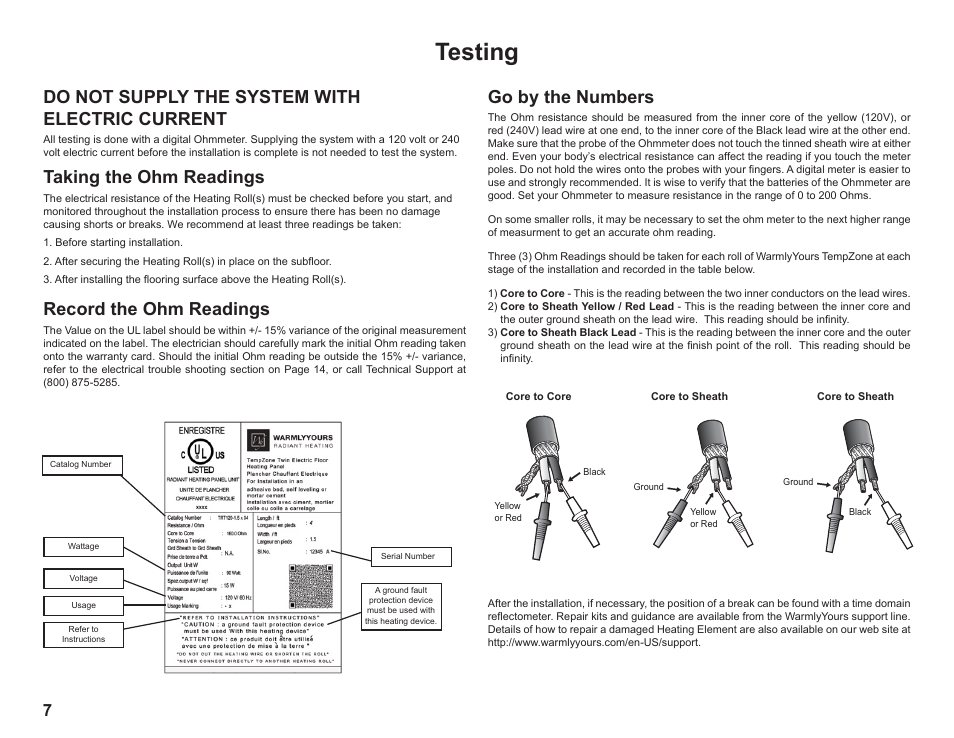 Testing, Do not supply the system with electric current, Taking the ohm readings | Record the ohm readings, Go by the numbers | WarmlyYours TempZone FLEX (Twin) Conductor 120V or 240V User Manual | Page 8 / 19