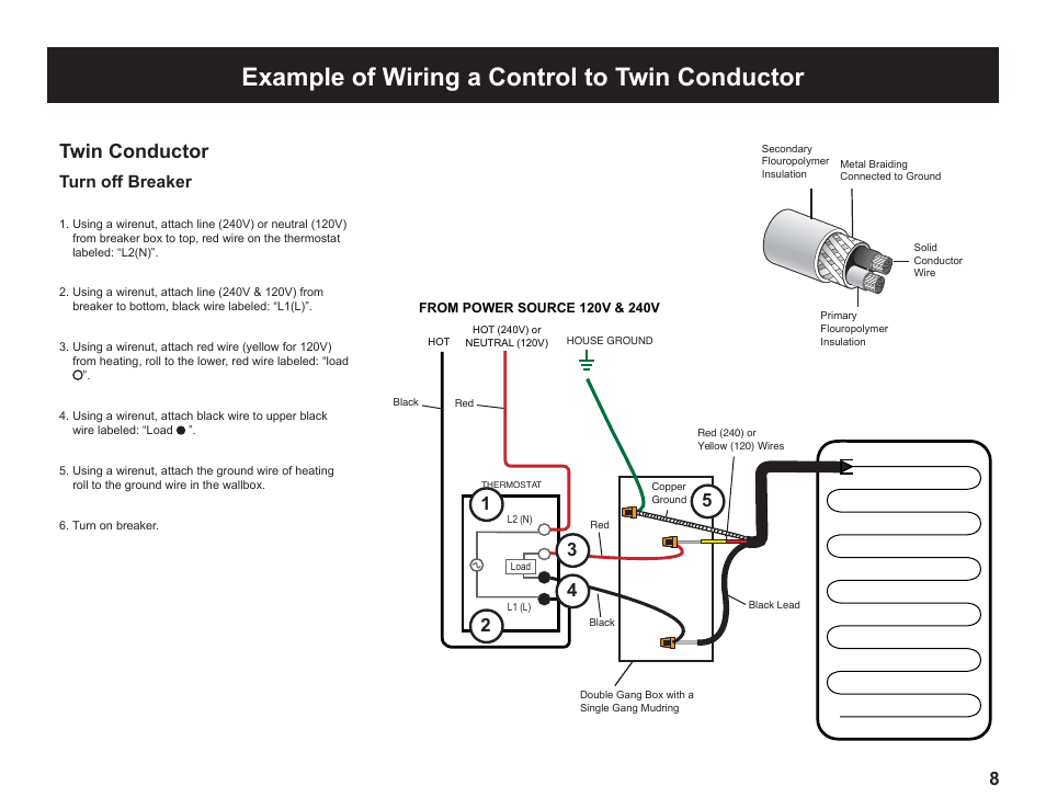 Example of wiring a control to twin conductor, Twin conductor, Turn off breaker | WarmlyYours TempZone FLEX (Twin) Conductor 120V or 240V User Manual | Page 9 / 19