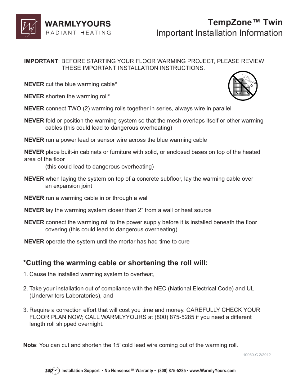 Tempzone™ twin important installation information | WarmlyYours TempZone Twin Important User Manual | Page 2 / 2