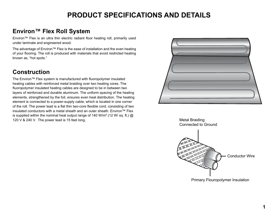 Product specifications and details, Environ™ flex roll system, Construction | WarmlyYours Environ Flex Roll System For laminate/floating wood & engineered wood floor coverings User Manual | Page 3 / 14