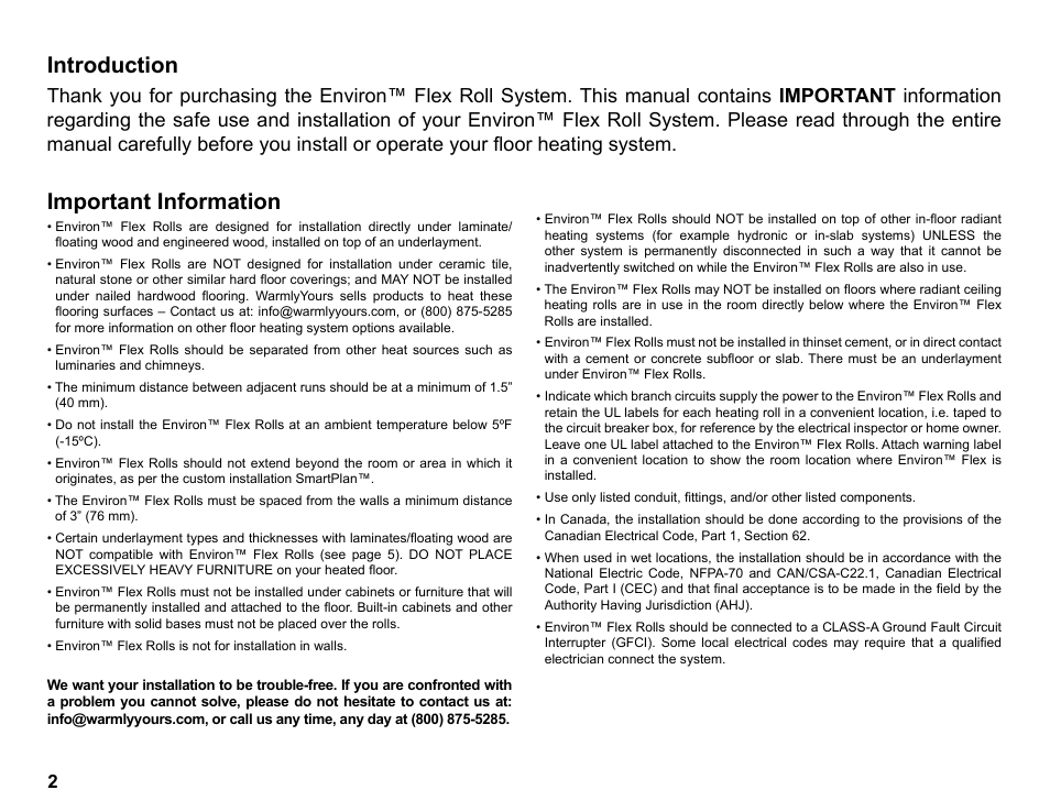 Introduction, Important information | WarmlyYours Environ Flex Roll System For laminate/floating wood & engineered wood floor coverings User Manual | Page 4 / 14
