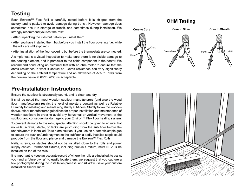Testing, Pre-installation instructions, Ohm testing | WarmlyYours Environ Flex Roll System For laminate/floating wood & engineered wood floor coverings User Manual | Page 6 / 14