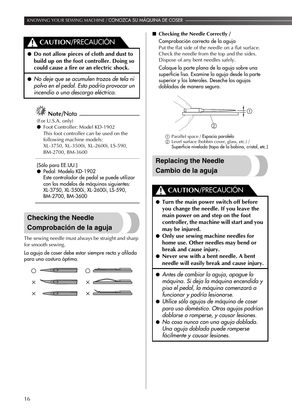 Checking the needle comprobación de la aguja, Replacing the needle cambio de la aguja, Caution/ precaución | Brother BM-3600 User Manual | Page 17 / 82