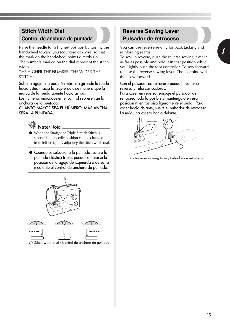 Stitch width dial control de anchura de puntada, Reverse sewing lever pulsador de retroceso | Brother BM-3600 User Manual | Page 26 / 82